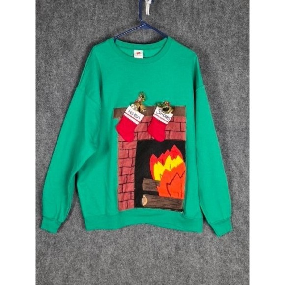 Hanes Tops - VTG Hanes Ecosmart Ugly Christmas Sweater Fireplace Stockings‎ XL Festive Casual